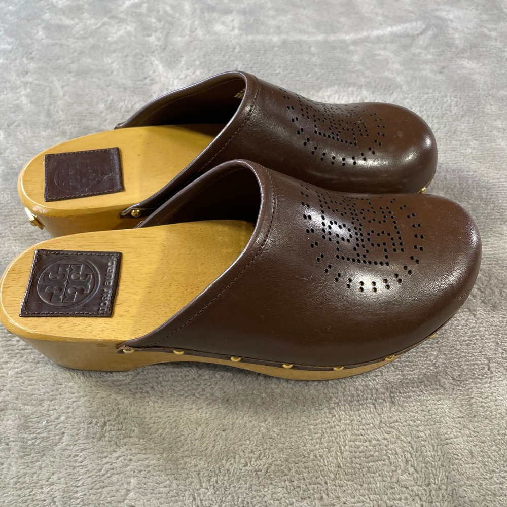 Tory Burch Wooden Clogs Mules Womens 8 Brown Leather Perforated Preppy Boho